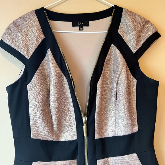 JAX Sheath Gold/Black Bodycon Dress SZ 6 Medium Short Sleeve Full Front Zipper - Picture 8 of 16